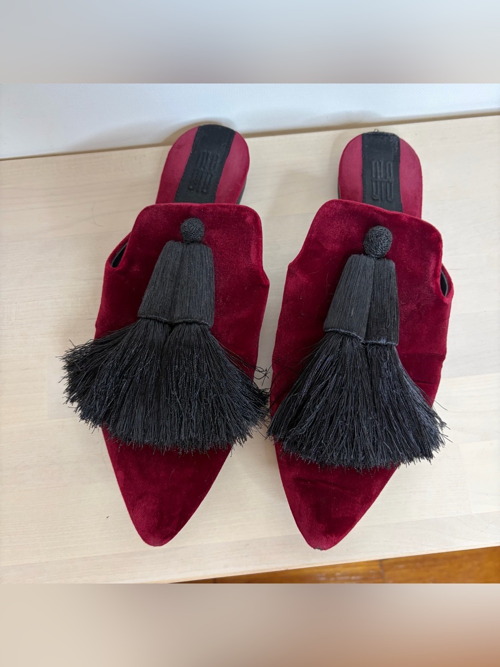 Sanayi 313 Burgundy Velvet Tassel Mules with Black Tassels